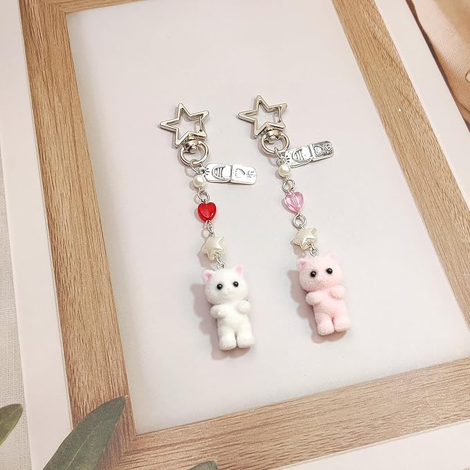 Cute Pink Keychain,Fuzzy Cat Keychain Aesthetic Y2K KeychainStylish KeychainsAccessories