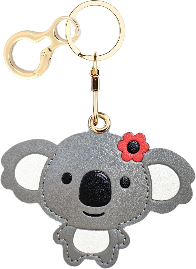 Leather Keychain Holder Case Compatible with AirTag,Cute Protective Cover with Keyring,Anti-Scratch Finder GPS Tracker Case for Wallet Keys,Bag,Pets(Koala Grey)