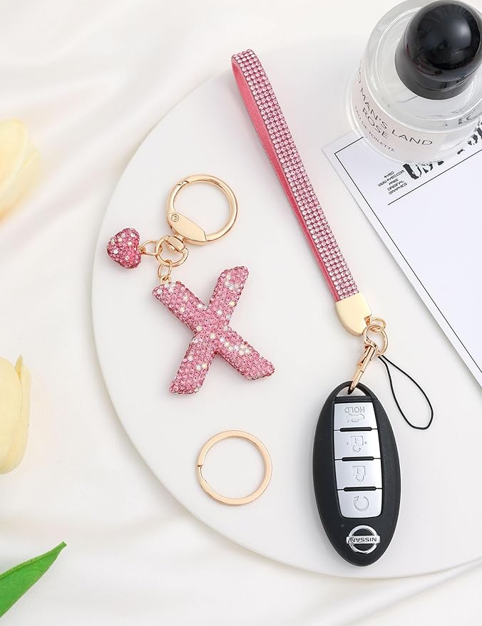 Initial Keychain for Women Girls,Bling Letter Key chain Initial with Heart,Pink Keychain Charms for Backpack Handbag