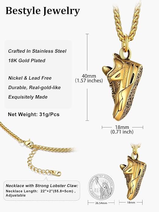 Bestyle Sneaker Shoe Necklace for Men, Chunky Vintage Black Gold Shoe Pendant Cool Cute Sport Jewelry for Brother Husband