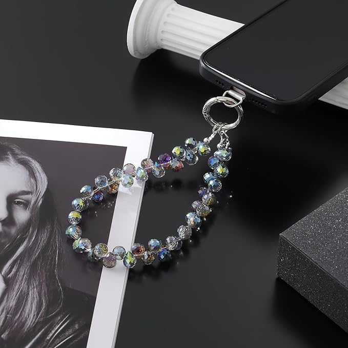 Crystal Phone Wrist Strap Phone Charm Chain Keychain Beaded Cellphone Lanyard with Tether Tab Hands-Free Wristlet Bracelet Wrist Grip Strap for Women, D-Dark Purple