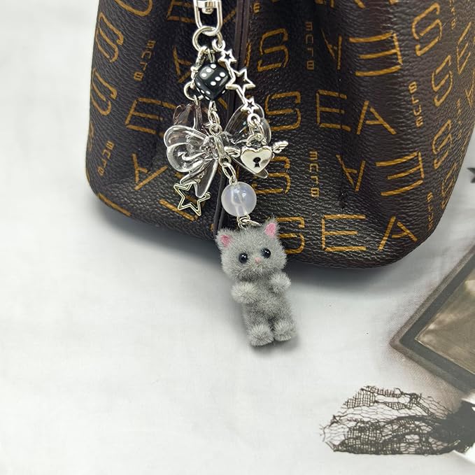 Cute Cat Keychain, Y2K Heart Bow Pendant, Kawaii Cat Bag Charm