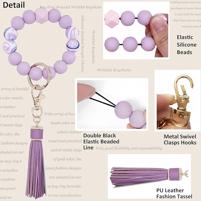 BIHRTC Key Ring Bracelet Car Keychain Holder Wristlet Silicone Women Beaded Bangle Chains