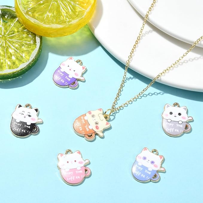 Stiesy 30 Pcs 6 Color Cat Charms for Jewelry Making Cute Kitten Animal with Coffee Cup Enamel Charm Pendants for Crafting DIY Necklace Bracelet Earring Presents