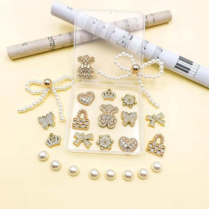 24Pcs Bling Pearl Bow Shoe Charms for Clog Sandals Women, Bear, Flower, Pearl Accessories, DIY Shoe Decoration Charms for Girls
