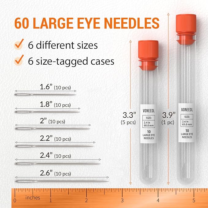 VONEEDL 60 PCS Large Eye Sharp Needles - Easy to Thread Big Eye Sewing Needles, Embroidery Needles (6 Sizes)