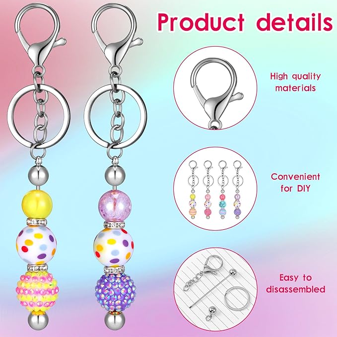 Sasylvia 30 Pcs Beadable Keychain Bars Bulk Making Kit Beaded Keychain Bag Thank You Cards for DIY Keyrings Charms