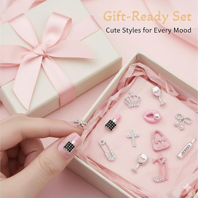 84 pcs 3D Sliver Pink Nail Charms Y2K Set Cute Nail Charms with Stars, Crowns, Crosses,Bins,Lollipops, Lips, Bottles, Cups, Perfume, Lipsticks, Bags, and Heels for Nail Art