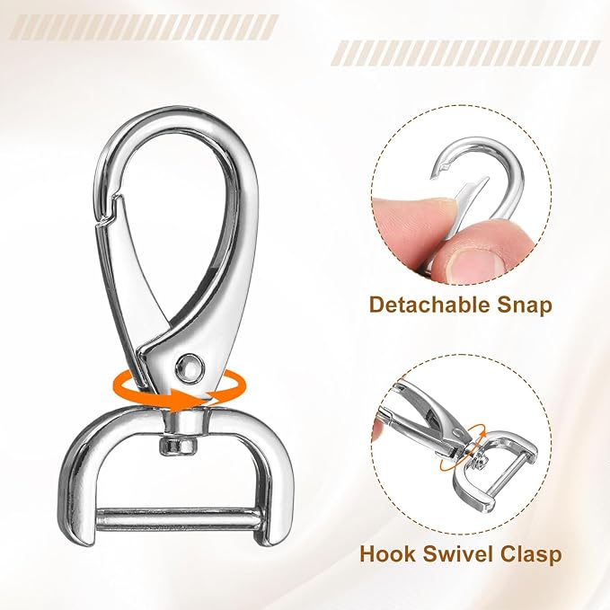 HARFINGTON 2Pcs Detachable Snap Hook Swivel Clasp 3/4" D Ring with Swivel Lobster Claw Clasps Hook for Purse Strap Keychain Bag DIY Craft, Silver