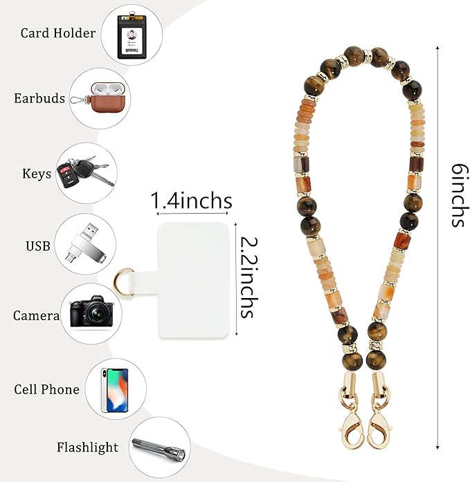 Marble Beaded Phone Wrist Strap,Detachable Phone Bracelet Strap with Tether Tab,Hands-Free Wristlet Strap (Light Yellow Tiger Eyes)
