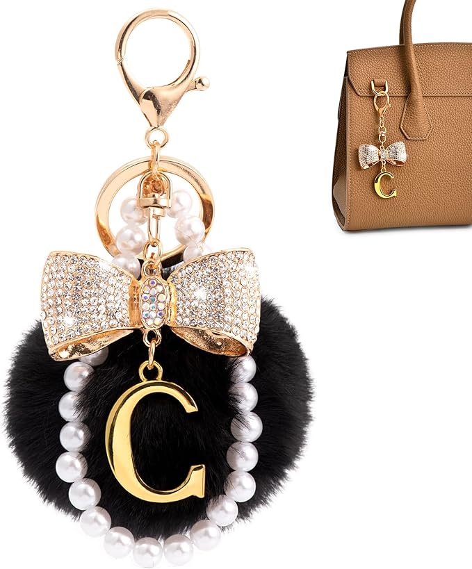 Gold Initial Keychain with Rhinestone Bow & Black Pom Pom, Cute Letter Bag Charm for Women Purse and Car Keys