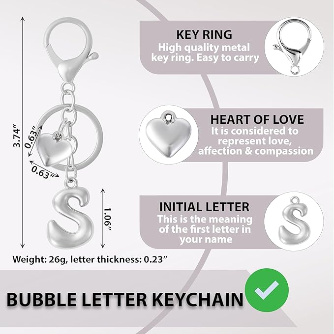 Heart Bubble Letter Keychain for Women, Girls - Cute Keychain with Initial - Alphabet Keychain for Bag Charm, Handbag