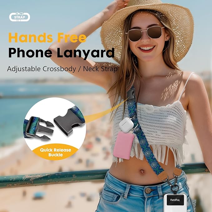 Phone Lanyard Crossbody, Boho Blue Cell Phone Strap for Around The Neck Adjustable, Anti Theft Cute Lanyard for iPhone Case ID Holder Keys Accessories Travel Essential