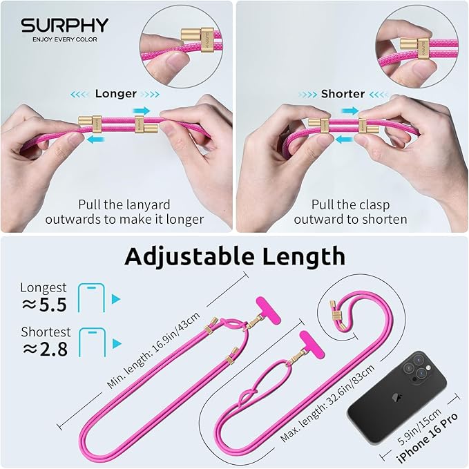 SURPHY Phone Lanyard Crossbody, Adjustable Cell Phone Lanyard with 2 Pack Phone Tether Tab, Two-Color Braided Phone Strap (Hot Pink)