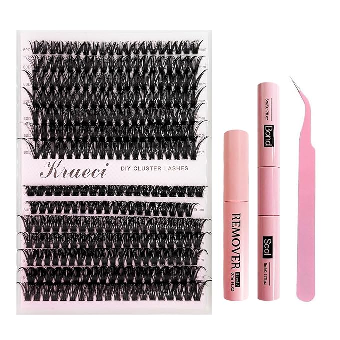 Kraeci Lash Extension Kit DIY with Adhesive Remover for Safe Removal, 280 Clusters 10-18mm, 60D/80D Volumes, Bond Glue, Sealant, Tweezers, Home Use Eyelash Starter Kit