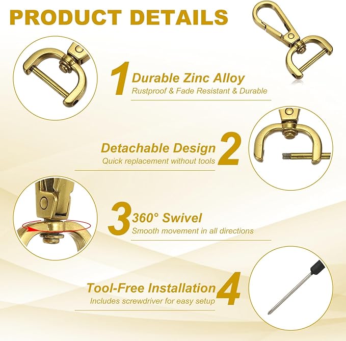 YELARXI Swivel Clasps Hook, 3/4 Inch ID Detachable Snap Hook W/Screw Bar D Ring Claw Clasp with Screwdriver Fit for Lanyard Bag Leather Craft Purse Hardware DIY Bag (4 Pack, Gold)