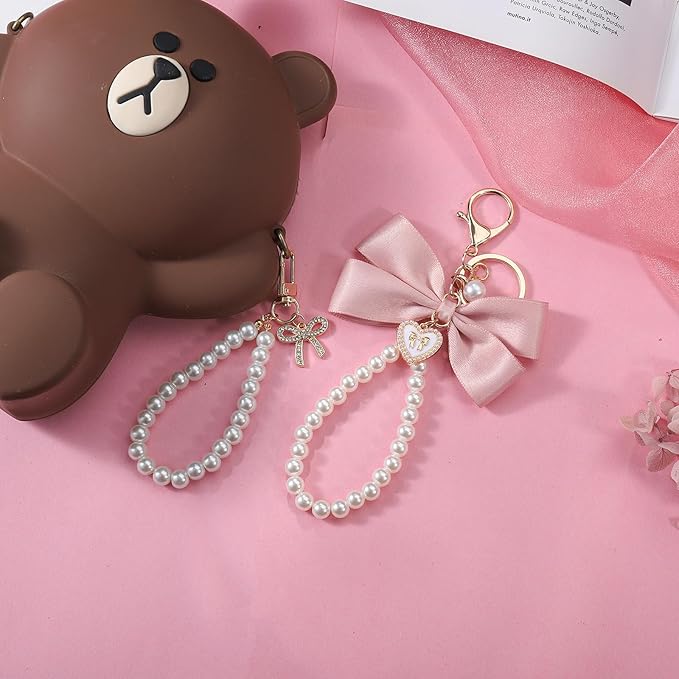 2Pcs Cute Bow Keychain for Women,Purse Charms Bow Bag Charms for Handbag, Pearl Keychain Accessories for Car