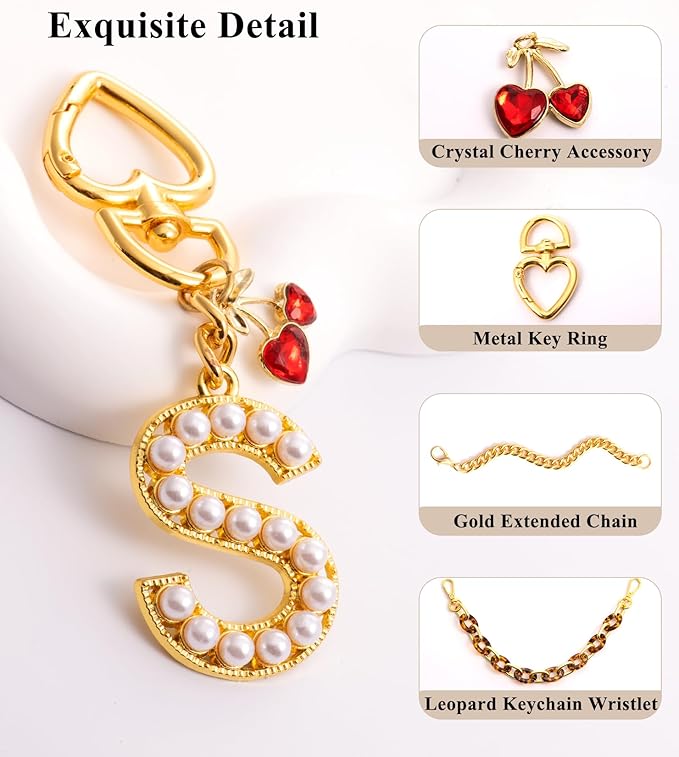 Pearl Initial Keychain with Leopard Bag Charms Wallet Chain Women Cute Alphabet Keychains Charm for Purse Handbag