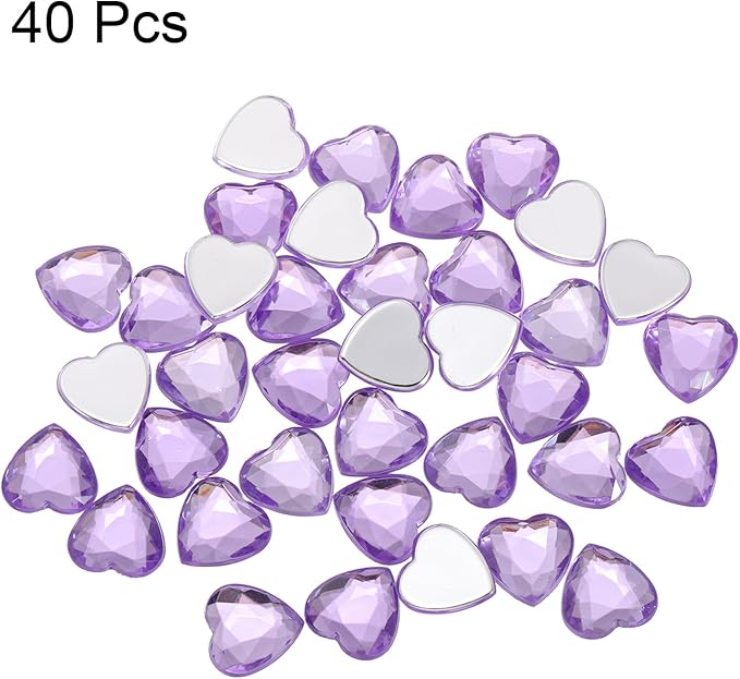 MECCANIXITY 40 Pcs Acrylic Heart Rhinestone 12mm Flat Back Plastic Gems Jewelry Stickers for Craft Bead Face Painting Costume Jewelry Making, Light Purple