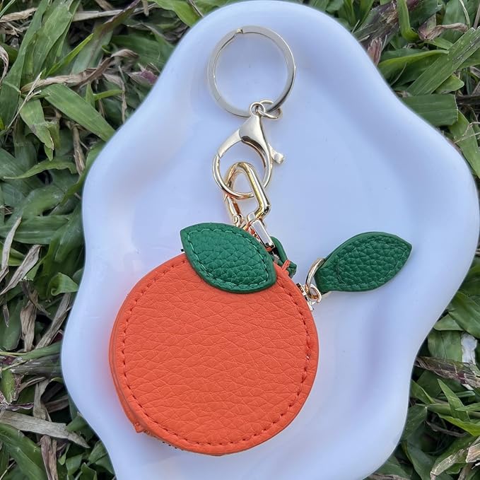 Cute Orange Fruit Coin Purse Keychain – Kawaii Mini Leather Zipper Pouch Bag Charm with Leaf for Women & Girls, Perfect Holiday Gift, Stocking Stuffer, Birthday Party Favor
