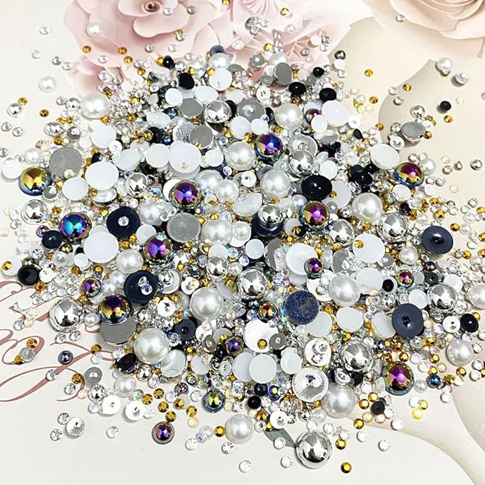 100g Mix Resin Rhinestones Flatback Half Round Pearls Mixed Size 3mm-10mm AB Color Half Pearls Resin Rhinestones for DIY Craft Nail Art Shoes Clothes Phone Case (Silver Series)