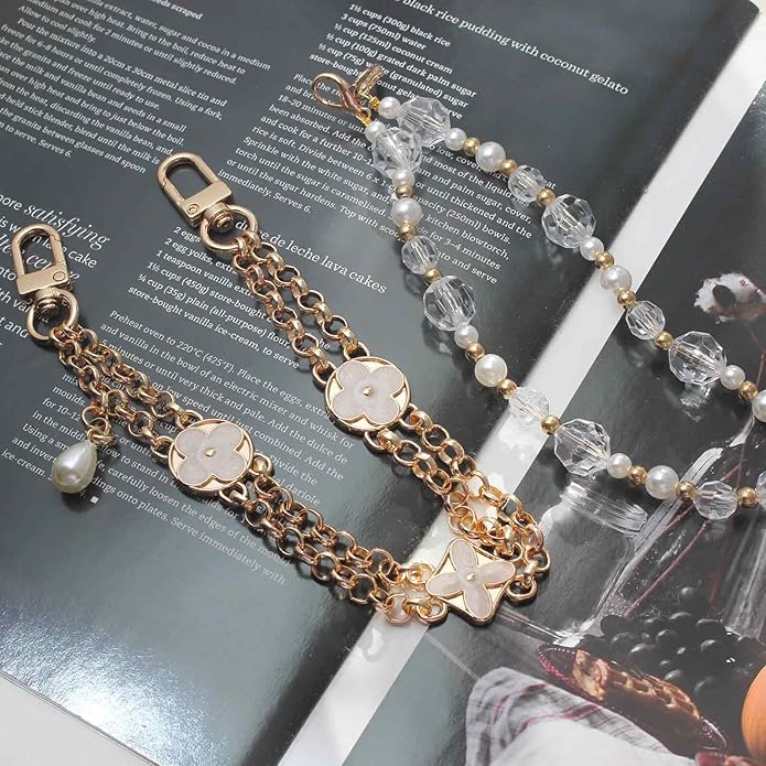 Pearl Beaded Phone Charm Wrist Strap,Cute Bracelet Wristlet Lanyard,Gold Double Chain for Phone Case,Purse Bag Wallet