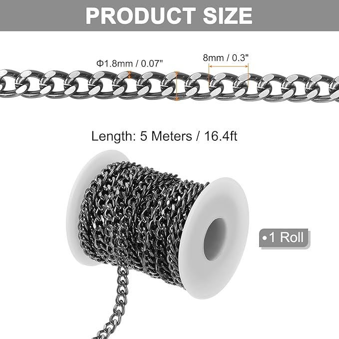 PATIKIL 16.4Ft Aluminium Curb Chains Twisted Links, 8x6mm Curb Chain Spool Jewelry Making Chains Craft Chain for Necklace Bracelet Earring, Black