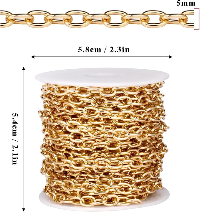 33 Feet Gold Rolo Cable Chains Roll, 5 MM Gold Plated Aluminium Oval Cable O Links Chain Bulk Spool for Jewelry Making DIY Craft
