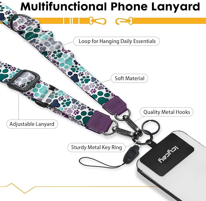 Phone Lanyard Crossbody, Dog Paw Cell Phone Lanyard for Around The Neck Adjustable Phone Strap, Anti Theft Cute Lanyard for iPhone Case ID Holder Keys Phone Accessories Travel Essential