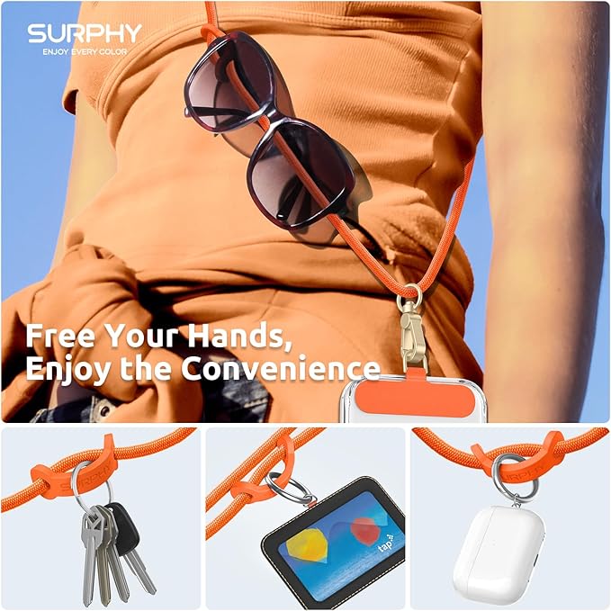 SURPHY Phone Lanyard, Adjustable Phone Strap Crossbody with 2 Pack Cell Phone Tether Tab, Premium Metal Buckles, Skin-Friendly, Universal Cell Phone Lanyard Crossbody for Women and Men, Orange