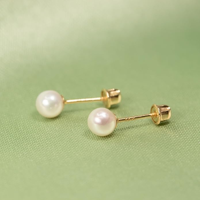 14k Gold Pearl Stud Earrings for Women (3mm-6mm Diameter) - Freshwater Pearl, Real Solid 14k Gold, Secure Screw Back Design
