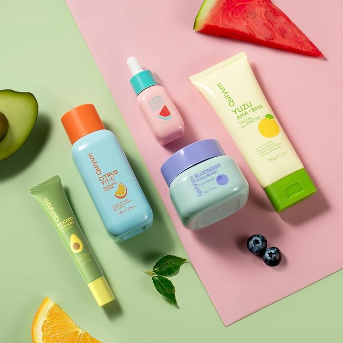 QUIYUM Fruit Skin Care for Teens, 5 Daily Routine Beauty Skin Care Sets - Exfoliation, Smooth, Clean, Oil Control, Firm, Hydrate, Glow Up, Facial Skincare Gift Set for Girls Women, for All Skin