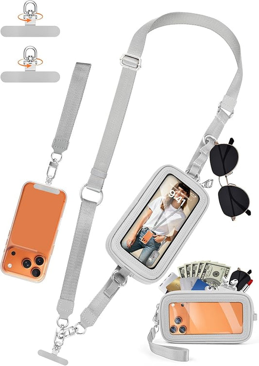 takyu Clip and Go Strap for Phone with Wallet Crossbody, 4-in-1 Hands-Free Phone Lanyard with Detachable Wallet Wristlet Strap, Convertible Crossbody Bags with ID Window for Women Travel, Grey