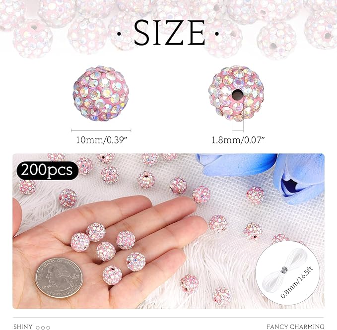200 Pcs Pink AB Rhinestone Beads for Jewelry Making, Sparkle Crystal Clay Christmas for Bracelet Baseball Necklace Earring Crafting and DIY, Shiny Round Shamballa Disco Ball Beads Bulk