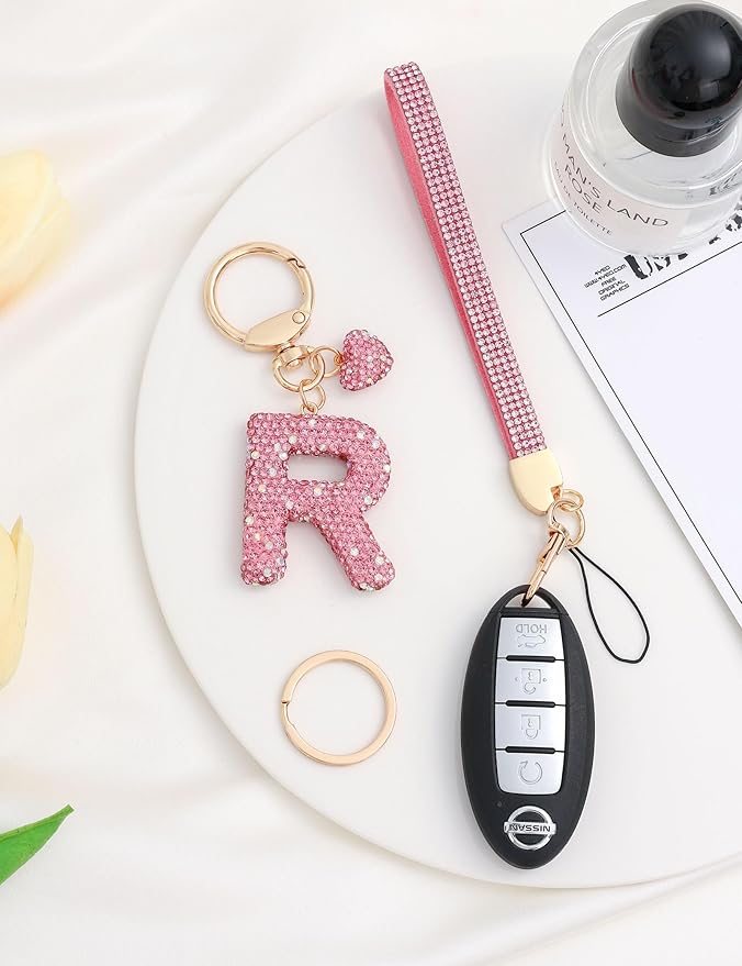 Initial Keychain for Women Girls,Bling Letter Key chain Initial with Heart,Pink Keychain Charms for Backpack Handbag