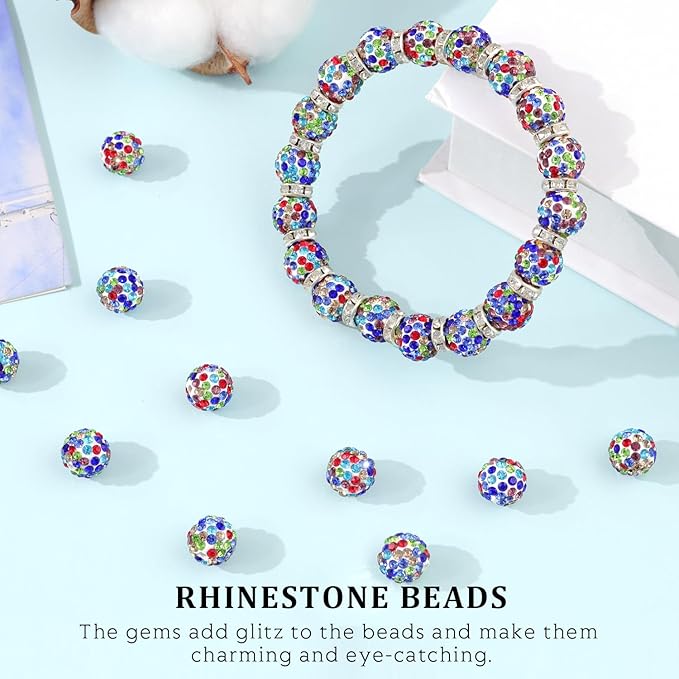 120pcs 10mm Rhinestone Beads for Jewelry Making, White Mixed Shiny Round Shamballa Disco Ball Beads, Sparkle Crystal Clay Christmas for Bracelet Baseball Necklace Earring Crafting and DIY