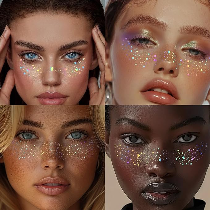 HOSAILY 6 pcs Holographic Glitter Freckles Face Tattoo, Waterproof Sparkle Body Glitter Speckles Patches for Women, Cute Star Glitter Stickers Temporary Tattoo Makeup Accessories for Festival Rave
