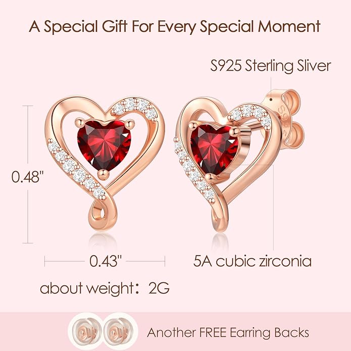 Zifeel Earrings for Women, S925 Sterling Silver Rose Gold Birthstone Heart Studs Earring for Girlfriend Wife, Anniversary Birthday Christmas Valentines Mothers Day Gifts Jewelry for Women Wife Her Mom