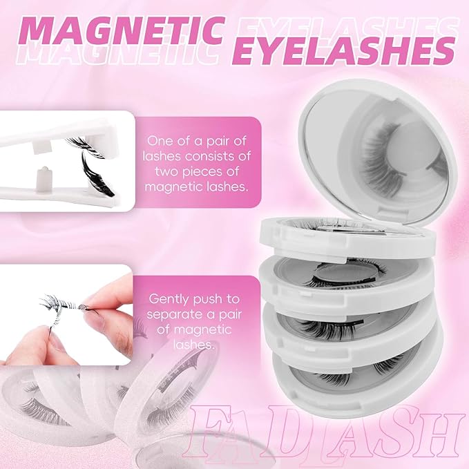 FADLASH Magnetic Eyelashes with Applicator Reusable Magnetic Lashes Natural Look 4 Pairs with Clamp No Glue Needed False Eyelashes Kit Easy to Wear (604+079+806+B7)