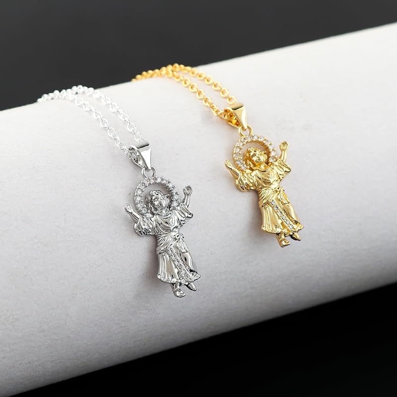 JOR Jejus Charm with CZ Pendant Necklace, Spiritual Charm, Men & Women Unisex Jewelry, Dainty Gold & Silver Plated Combo Chain 18 inch (Pack of 2)