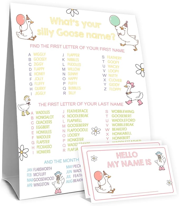 What's Your Goose Name Game, Funny Goose Birthday Party Games for Kids and Adults,Farm Party Decorations,1 Goose Party Game Double Sided Sign and 30 Name Stickers,Plays for 30 Guests,5x7 Inch