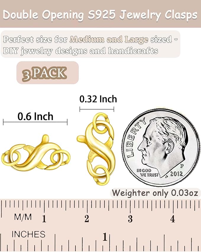 Dailyacc S925 Double Opening Lobster Clasp Sterling Silver and Gold Necklace Bracelet Extender Clasps and Closures for DIY Jewelry