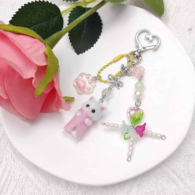 Cute Pink Keychain,Fuzzy Cat Keychain Aesthetic Y2K KeychainStylish KeychainsAccessories