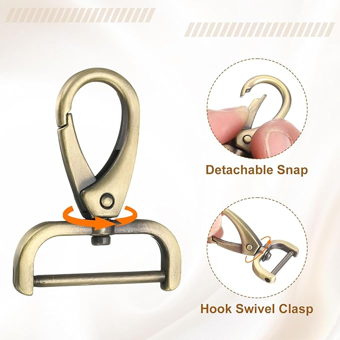 HARFINGTON 2Pcs Detachable Snap Hook Swivel Clasp 1 1/4" D Ring with Swivel Lobster Claw Clasps Hook for Purse Strap Keychain Bag DIY Craft, Brass