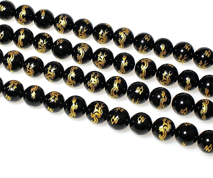 MJDCB Natural Stone Beads 10mm 35pcs Round Black Onyx Carved Dragon Loose Gemstone Bead Charms for Jewelry Making Bracelet Necklace Earring Pendant