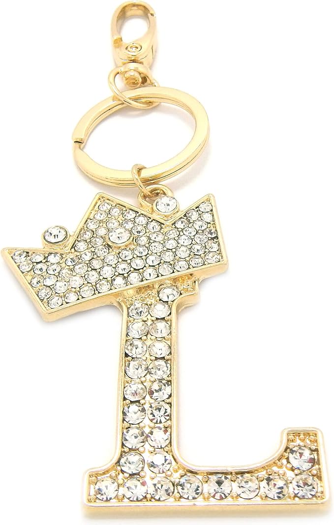 CBC Crown Crystal Rhinestone Letter Initial Keychain, Gold Metal, Bag Charm with Key Ring Approx. 2.17" x 2.56"