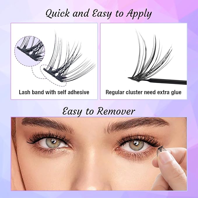 Gollee Self Adhesive Eyelashes 10-16mm | No Glue Needed Pre-Glued Lash Clusters | 48 Clusters Wispy Natural Look | Reusable Beginner Friendly No Residue