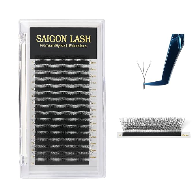 SAIGON LASH W-Shaped Eyelash Extensions, 3D Premade Fan Lashes 0.07 B C CC D DD Curl, Matte Black Volume Lash Extensions, Easy Fanning Lash Tray, 8–15mm Mixed Length, 16 Rows (3DW Lash DD-0.07)