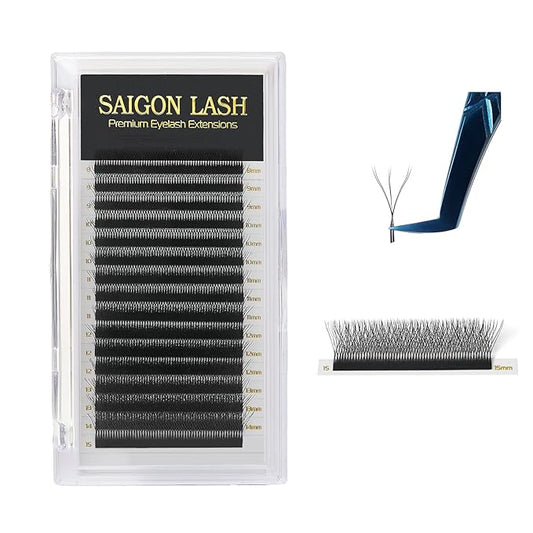SAIGON LASH W-Shaped Eyelash Extensions, 3D Premade Fan Lashes 0.07 B C CC D DD Curl, Matte Black Volume Lash Extensions, Easy Fanning Lash Tray, 8–15mm Mixed Length, 16 Rows (3DW Lash C-0.07)