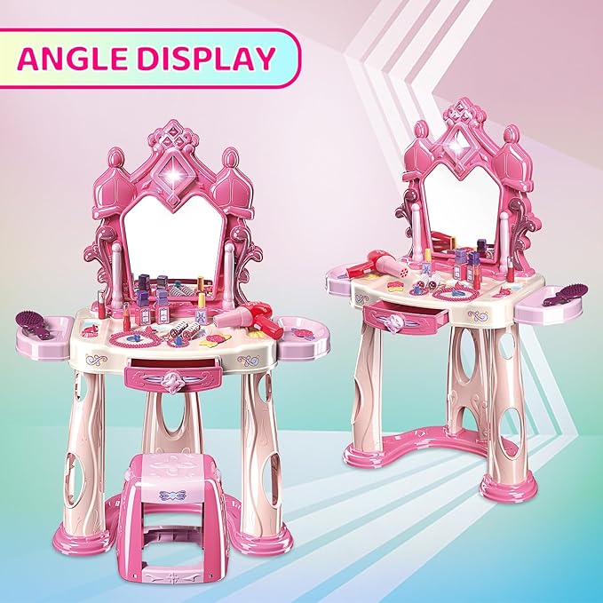 Pretend Play Girls Makeup Table Set with Stool，Kids Vanity Set with Lights and Music，Toddler Beauty Salon Set with Makeup Accessories & Hair Dryer Toy，Best Birthday Gifts for Toddlers 2-5 Years Old